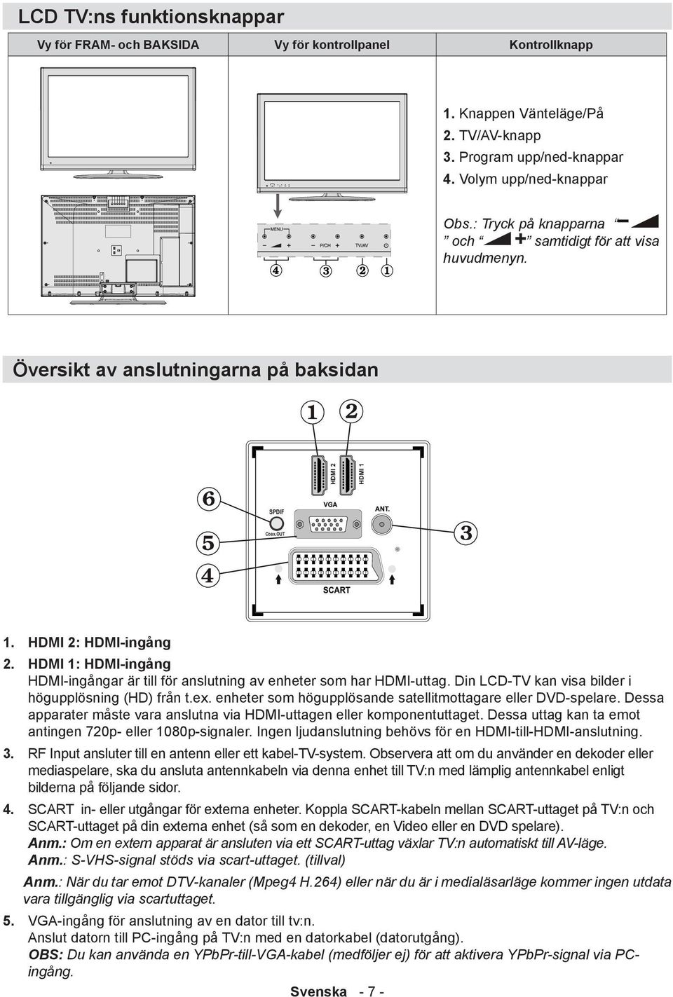 HDMI 1: HDMI-ingång HDMI-ingångar är till för anslutning av enheter som har HDMI-uttag. Din LCD-TV kan visa bilder i högupplösning (HD) från t.ex.