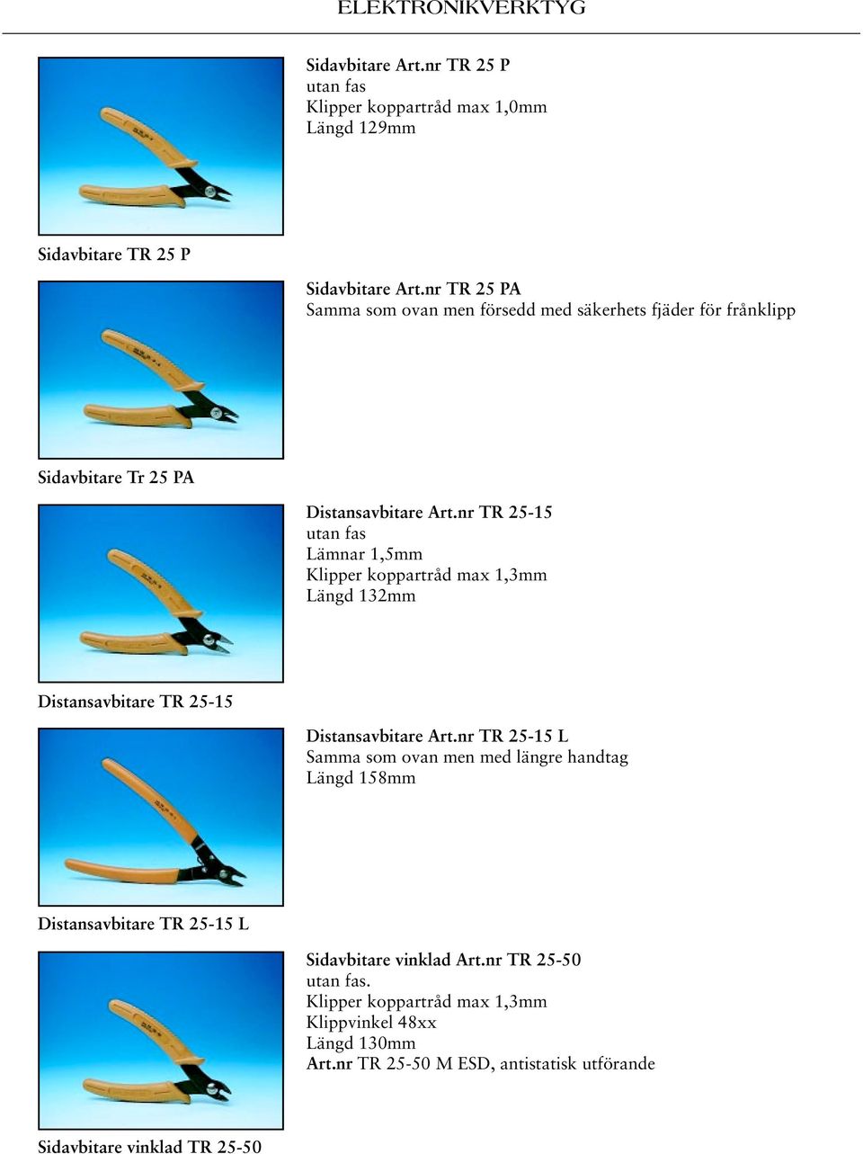 nr TR 25-15 utan fas Lämnar 1,5mm Klipper koppartråd max 1,3mm Längd 132mm Distansavbitare TR 25-15 Distansavbitare rt.