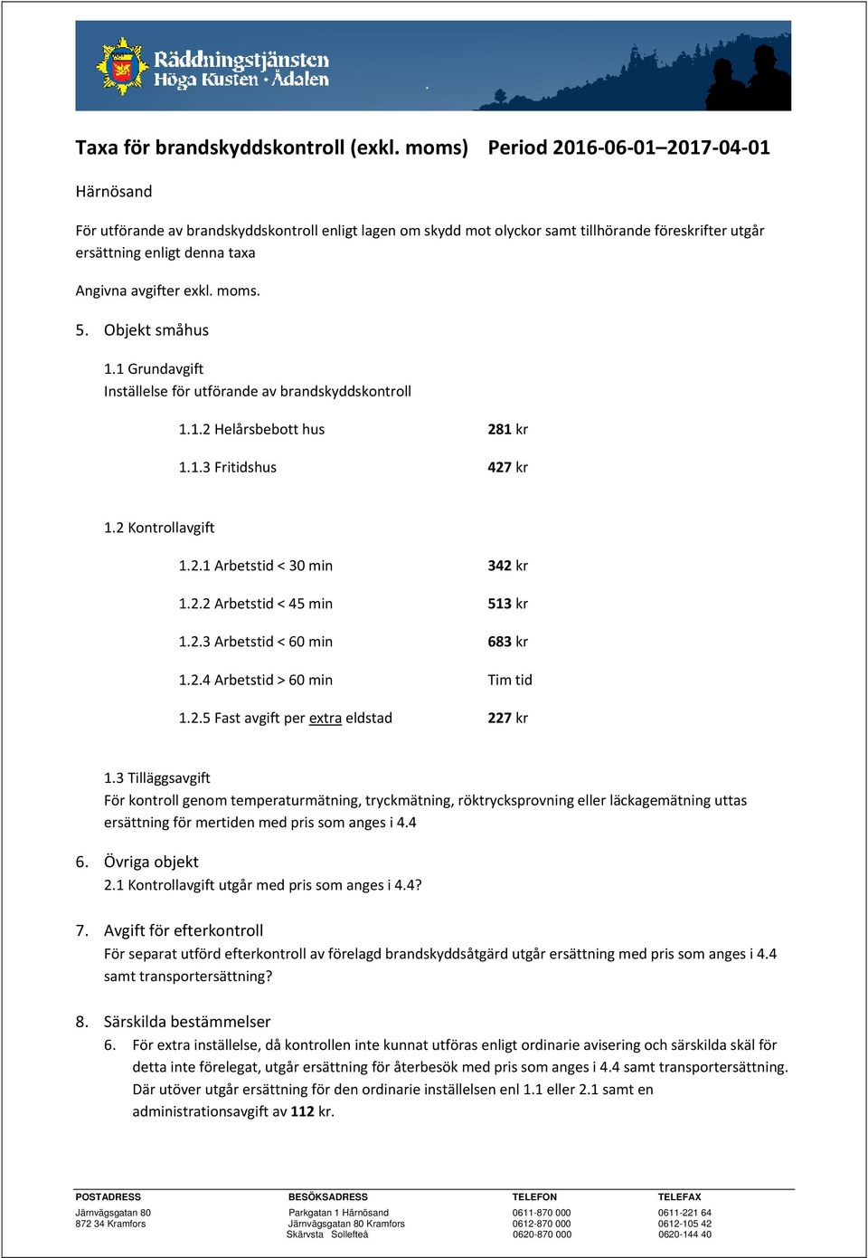 exkl. moms. 5. Objekt småhus 1.1 Grundavgift Inställelse för utförande av brandskyddskontroll 1.1.2 Helårsbebott hus 281 kr 1.1.3 Fritidshus 427 kr 1.2 Kontrollavgift 1.2.1 Arbetstid < 30 min 342 kr 1.