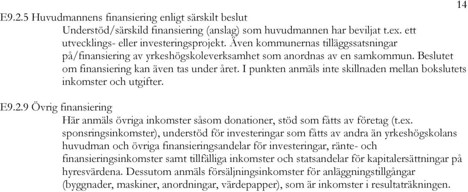 I punkten anmäls inte skillnaden mellan bokslutets inkomster och utgifter. E9.2.9 Övrig finansiering Här anmäls övriga inkomster såsom donationer, stöd som fåtts av företag (t.ex.