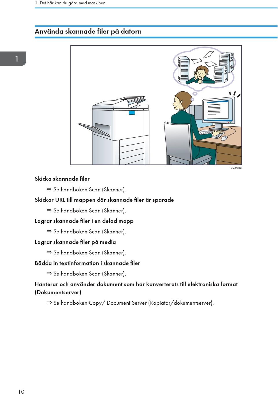 Lagrar skannade filer i en delad mapp Se handboken Scan (Skanner). Lagrar skannade filer på media Se handboken Scan (Skanner).