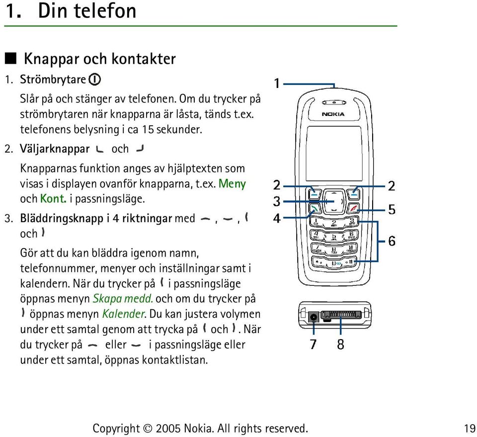 Bläddringsknapp i 4 riktningar med,, och Gör att du kan bläddra igenom namn, telefonnummer, menyer och inställningar samt i kalendern.