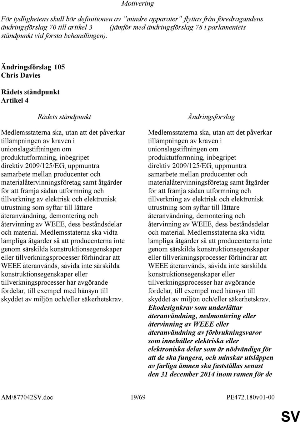 105 Chris Davies Artikel 4 Medlemsstaterna ska, utan att det påverkar tillämpningen av kraven i unionslagstiftningen om produktutformning, inbegripet direktiv 2009/125/EG, uppmuntra samarbete mellan