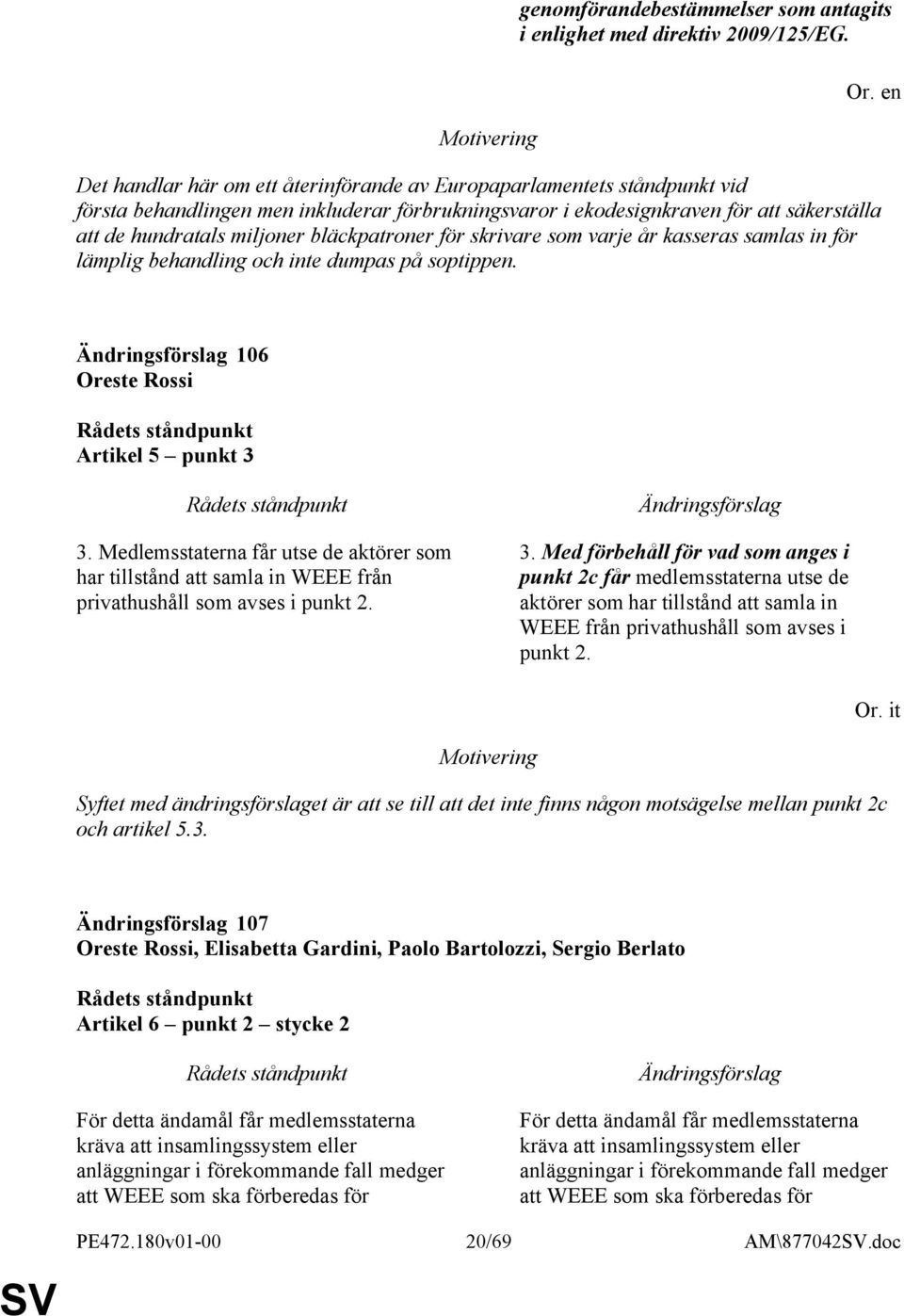 bläckpatroner för skrivare som varje år kasseras samlas in för lämplig behandling och inte dumpas på soptippen. 106 Oreste Rossi Artikel 5 punkt 3 3.