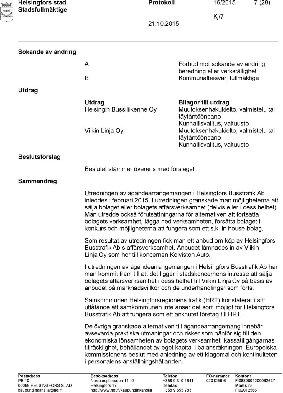 Beslutsförslag Beslutet stämmer överens med förslaget. Sammandrag Utredningen av ägandearrangemangen i Helsingfors Busstrafik Ab inleddes i februari 2015.