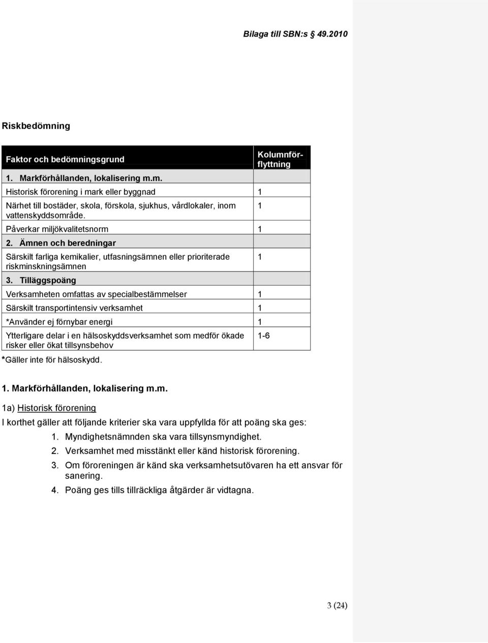 Tilläggspoäng a) Verksamheten omfattas av specialbestämmelser b) Särskilt transportintensiv verksamhet c) *Använder ej förnybar energi d) Ytterligare delar i en hälsoskyddsverksamhet som medför ökade
