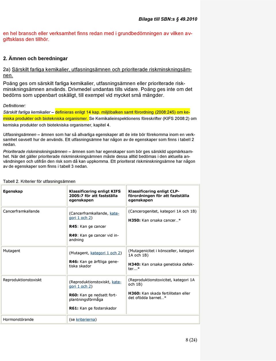 Poäng ges om särskilt farliga kemikalier, utfasningsämnen eller prioriterade riskminskningsämnen används. Drivmedel undantas tills vidare.