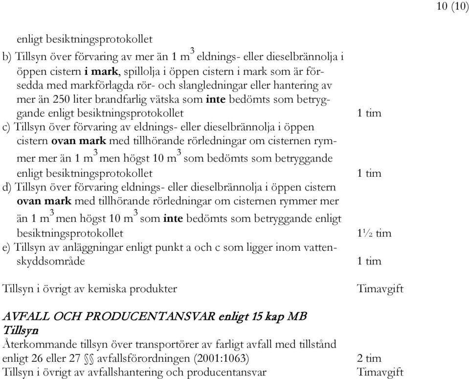 dieselbrännolja i öppen cistern ovan mark med tillhörande rörledningar om cisternen rymmer mer än 1 m 3 men högst 10 m 3 som bedömts som betryggande enligt besiktningsprotokollet d) Tillsyn över