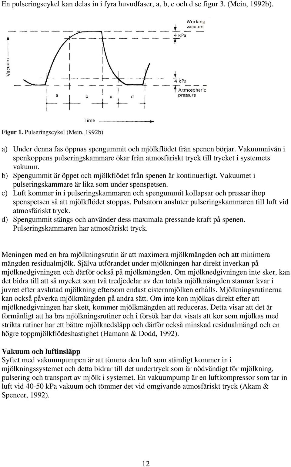 Vakuumnivån i spenkoppens pulseringskammare ökar från atmosfäriskt tryck till trycket i systemets vakuum. b) Spengummit är öppet och mjölkflödet från spenen är kontinuerligt.