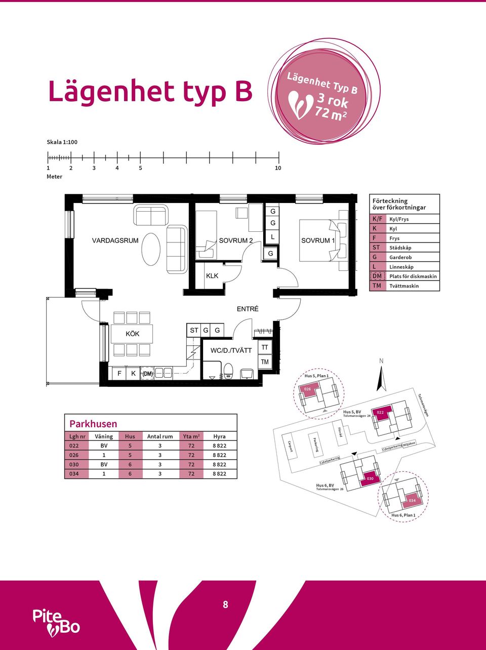 /TVÄTT TT F K Hus 5, Plan 1 026 Parkhusen Hus 5, BV 24 022 Förråd gh nr Våning Hus Antal rum Yta m 2 Hyra Parkering 022 BV