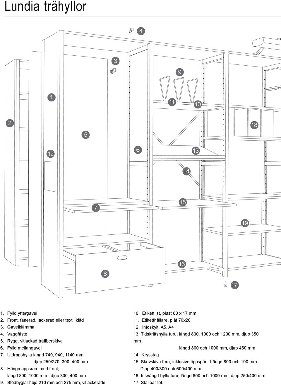 Stödbyglar höjd 210 mm och 275 mm, vitlackerade 10. Etikettlist, plast 80 x 17 mm 11. Etiketthållare, plåt 70x20 12. Infoskylt, A5, A4 13.