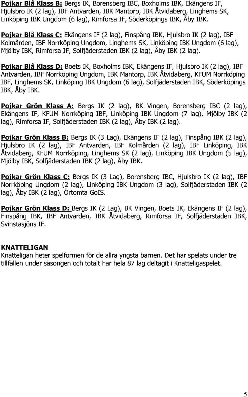 Pojkar Blå Klass C: Ekängens IF (2 lag), Finspång IBK, Hjulsbro IK (2 lag), IBF Kolmården, IBF Norrköping Ungdom, Linghems SK, Linköping IBK Ungdom (6 lag), Mjölby IBK, Rimforsa IF, Solfjäderstaden