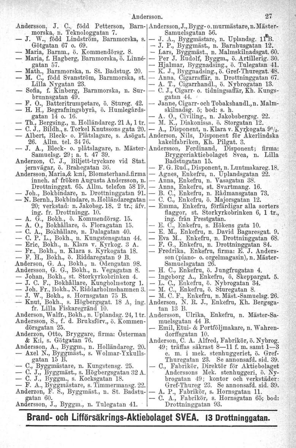 Rudolf, Byggm., ö..artillerig., 30. gatan 57. Hjalmar, Byggnadsing., ö. Tulegatan 41.. Math., Barnmorska, n. St. Badstug. 20. K..L, Byggnadsing., Ö. GrefThuregat.1l8.. M. C.