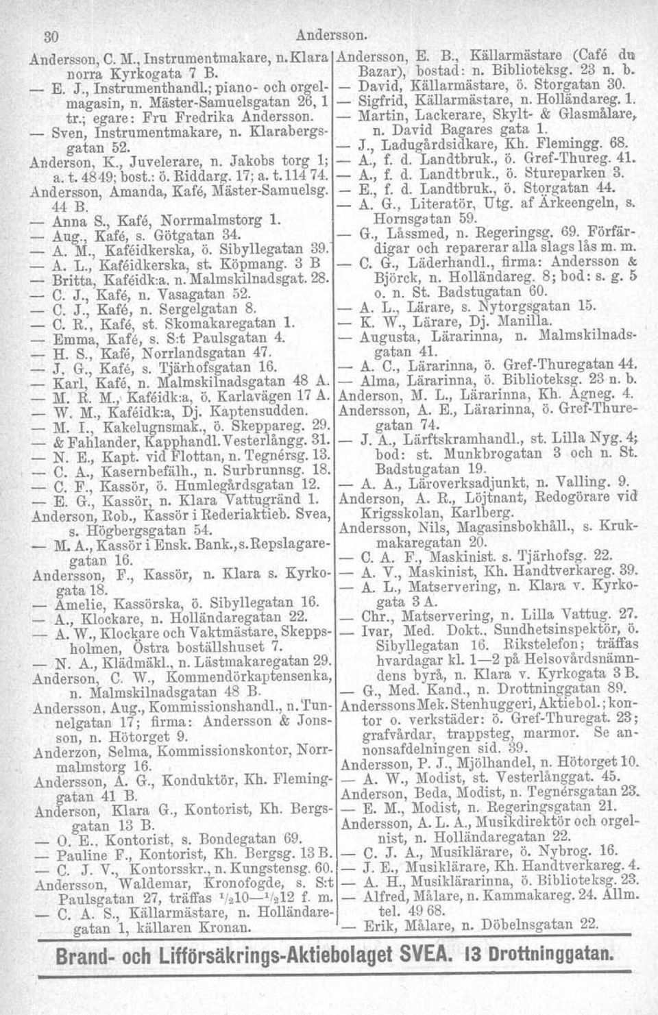 Martin, Lackerare, Skylt & Glasmålare, _ Sven, Instrumentmakare, n. Klarabergs n. David Bagares gata 1. gatan 52. J., Ladugårdsidkare, Kh. Flemingg. 68. Anderson, K., Juvelerare, n. Jakobs torg l; A.