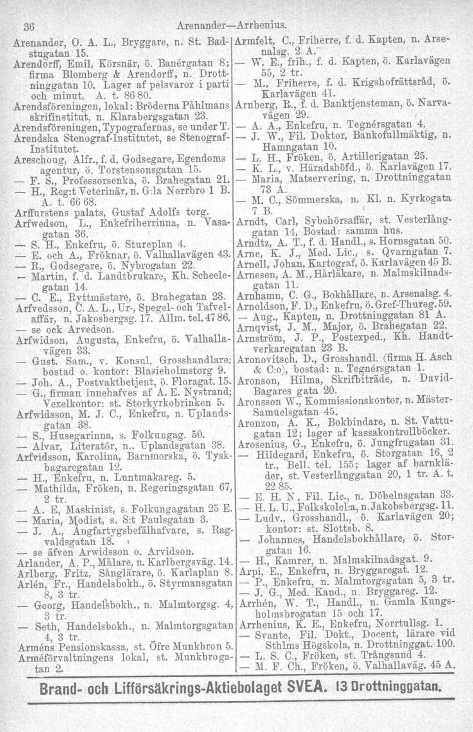 Karlavägen 4L Arendsföreningen, lokal: Bröderna Påhlmans Arn berg, R., f. d. Banktjensteman, ö. Narvaskrifinstitut, n. Klarabergsgatan 23. Arendsföreningen, Typografernas, se under T. vägen 29. A. A., Enkefru, n.