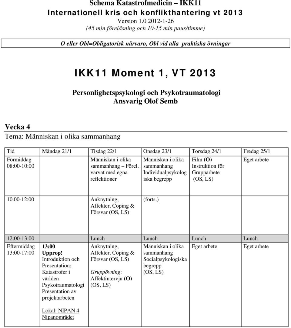 Vecka 4 Tema: Människan i olika sammanhang Tid Måndag 21/1 Tisdag 22/1 Onsdag 23/1 Torsdag 24/1 Fredag 25/1 Människan i olika sammanhang Förel.