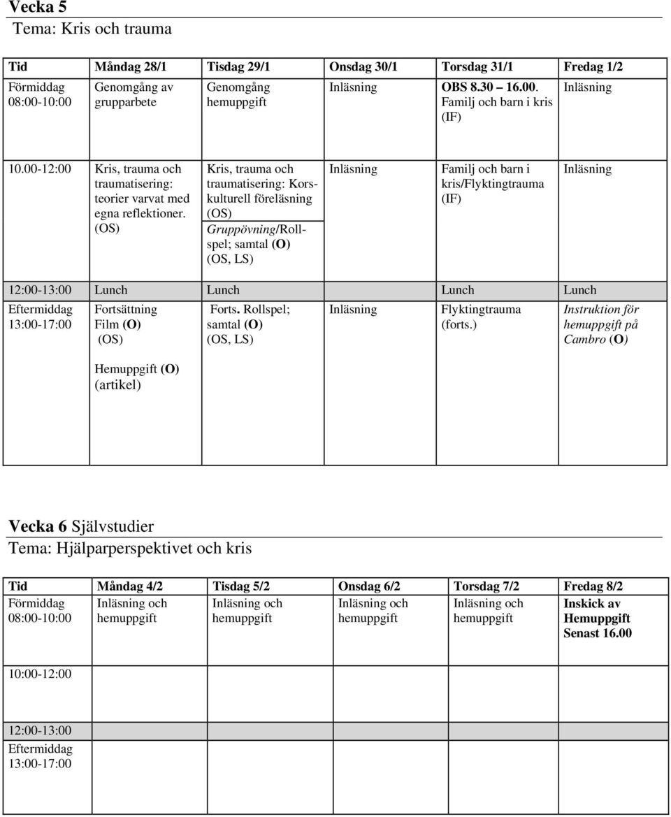 (OS) Kris, trauma och traumatisering: Korskulturell föreläsning (OS) Gruppövning/Rollspel; samtal (O) (OS, LS) Familj och barn i kris/flyktingtrauma (IF) 12:00-13:00 Lunch Lunch Lunch Lunch