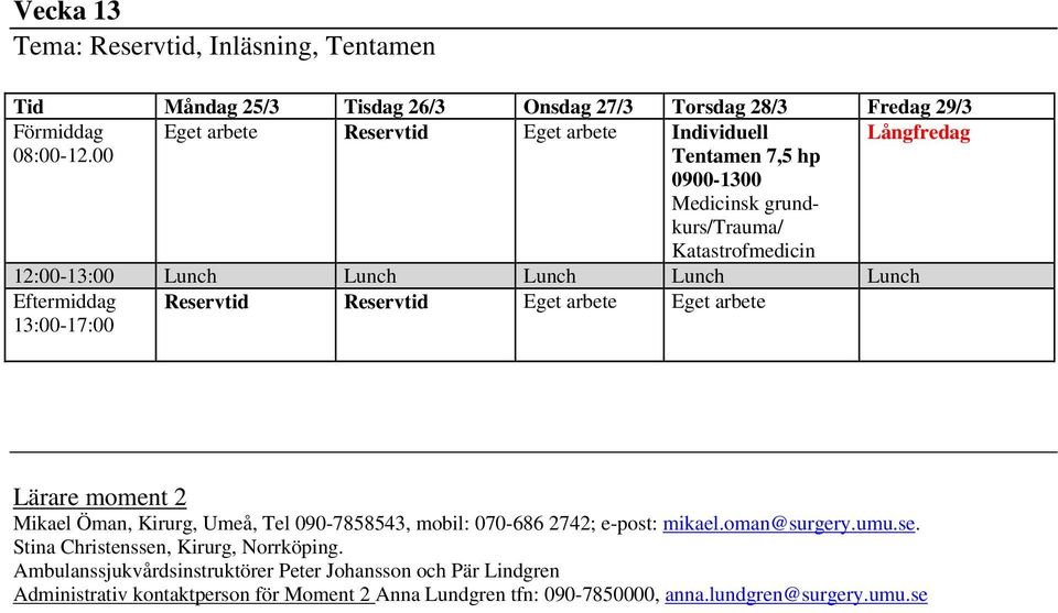 00 Tentamen 7,5 hp 0900-1300 Medicinsk grundkurs/trauma/ Katastrofmedicin Reservtid Reservtid Lärare moment 2 Mikael Öman, Kirurg, Umeå,