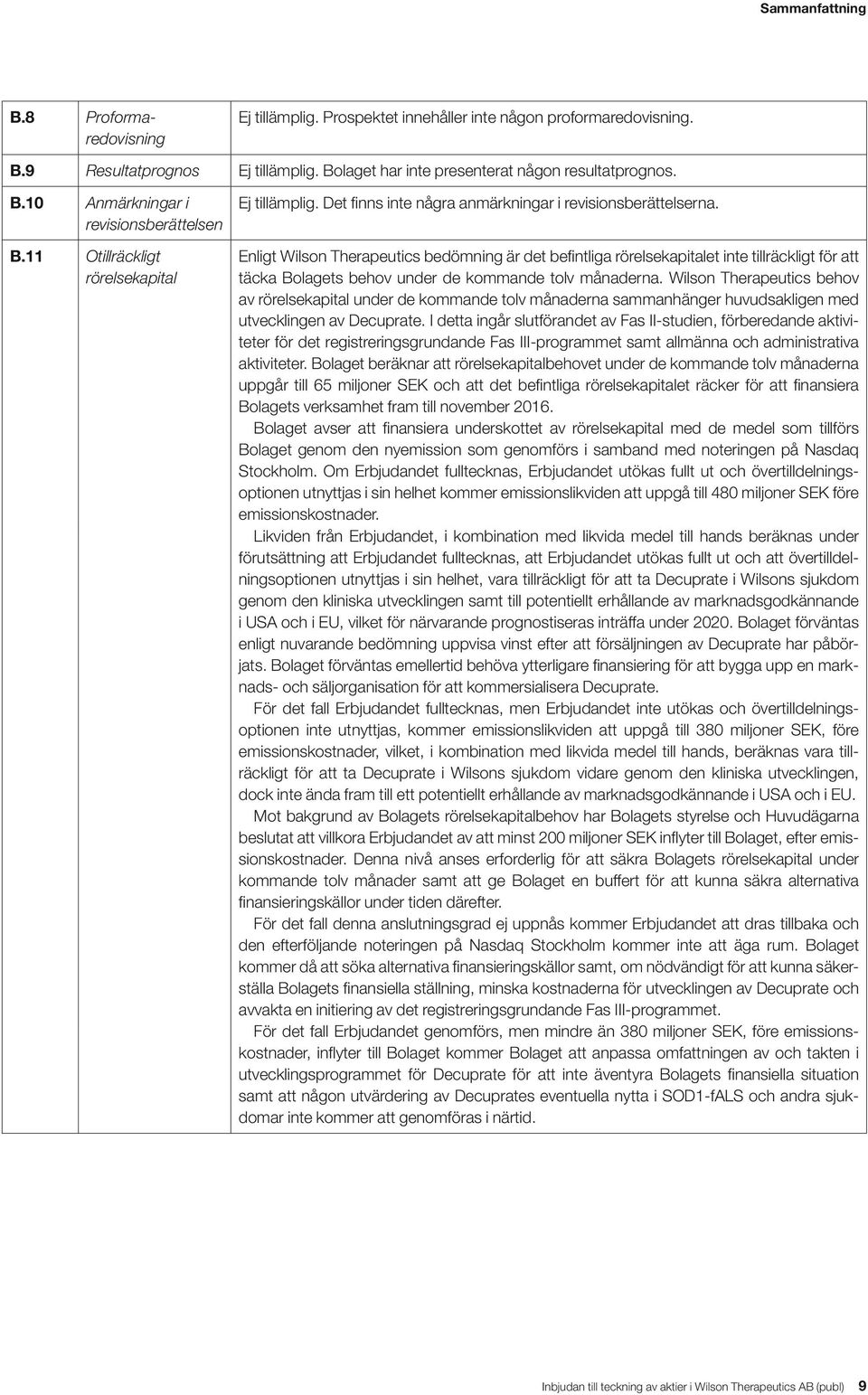 Enligt Wilson Therapeutics bedömning är det befintliga rörelsekapitalet inte tillräckligt för att täcka Bolagets behov under de kommande tolv månaderna.