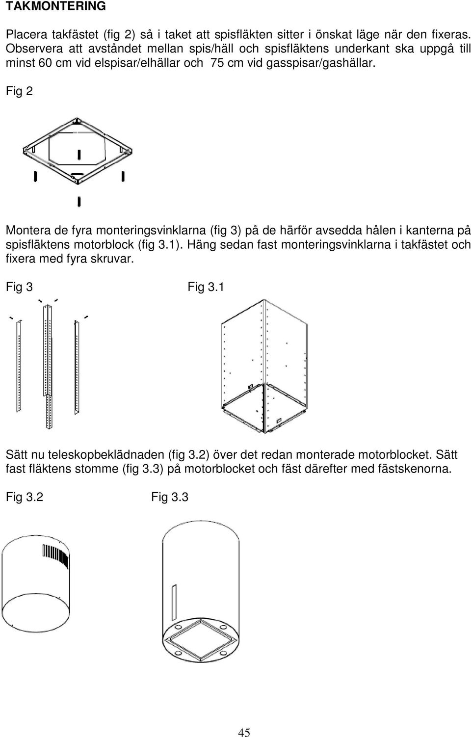 Fig 2 Montera de fyra monteringsvinklarna (fig 3) på de härför avsedda hålen i kanterna på spisfläktens motorblock (fig 3.1).