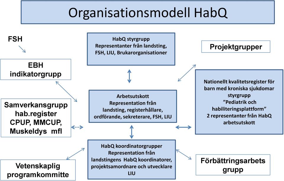 Arbetsutskott Representation från landsting, registerhållare, ordförande, sekreterare, FSH, LIU HabQ koordinatorgrupper Representation från