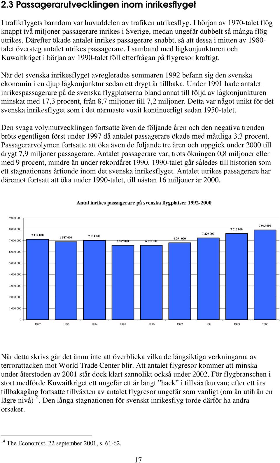 Därefter ökade antalet inrikes passagerare snabbt, så att dessa i mitten av 1980- talet översteg antalet utrikes passagerare.
