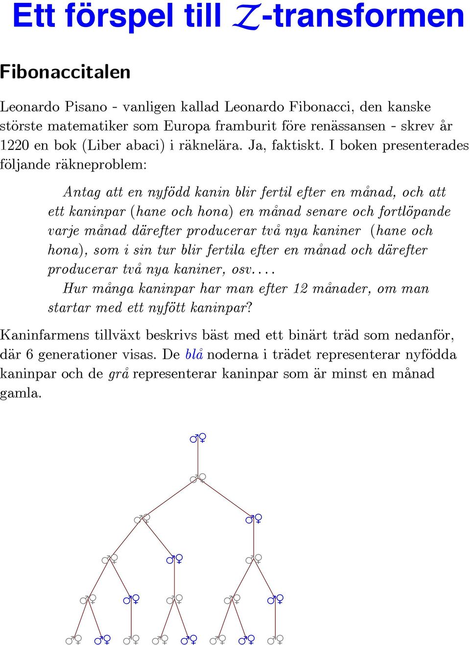 I boken presenterdes följnde räkneproblem: Antg tt en nyfödd knin blir fertil efter en månd, och tt ett kninpr (hne och hon) en månd senre och fortlöpnde vrje månd därefter producerr två ny