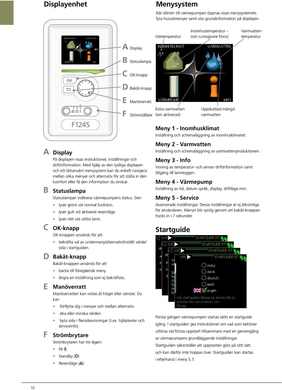 Uppskattad mängd varmvatten Meny 1 - Inomhusklimat Inställning och schemaläggning av inomhusklimatet. A B C D E F Display å displayen visas instruktioner, inställningar och driftinformation.