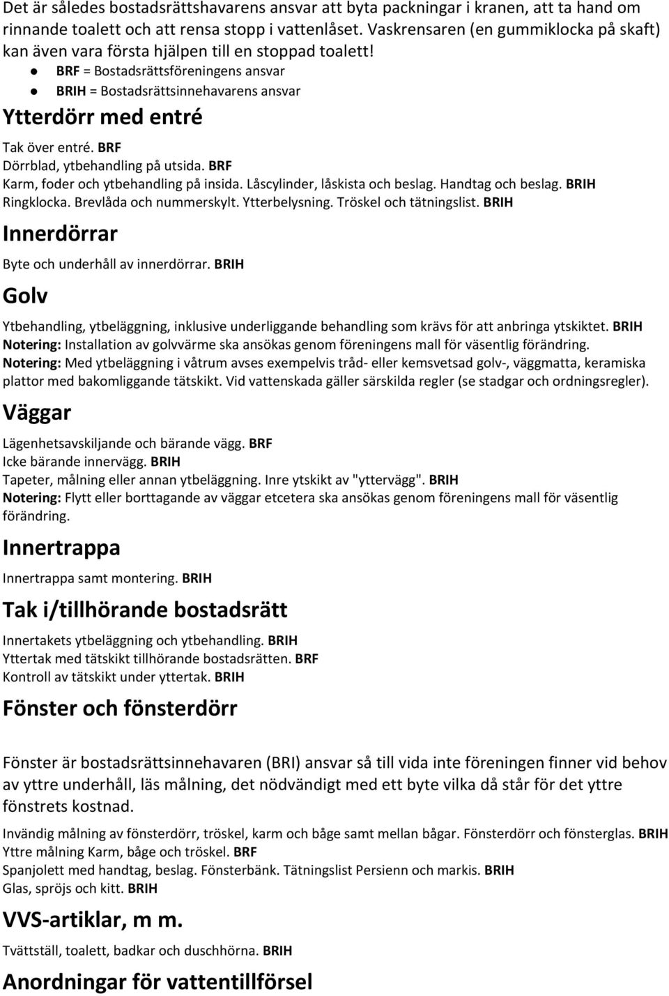 BRF = Bostadsrättsföreningens ansvar BRIH = Bostadsrättsinnehavarens ansvar Ytterdörr med entré Tak över entré. BRF Dörrblad, ytbehandling på utsida. BRF Karm, foder och ytbehandling på insida.