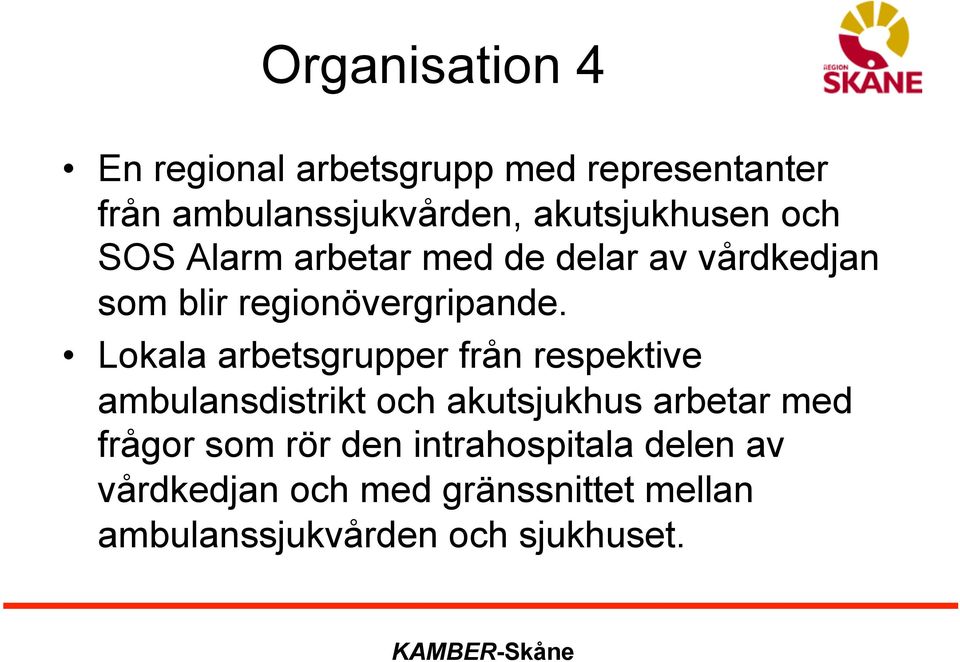 Lokala arbetsgrupper från respektive ambulansdistrikt och akutsjukhus arbetar med frågor som