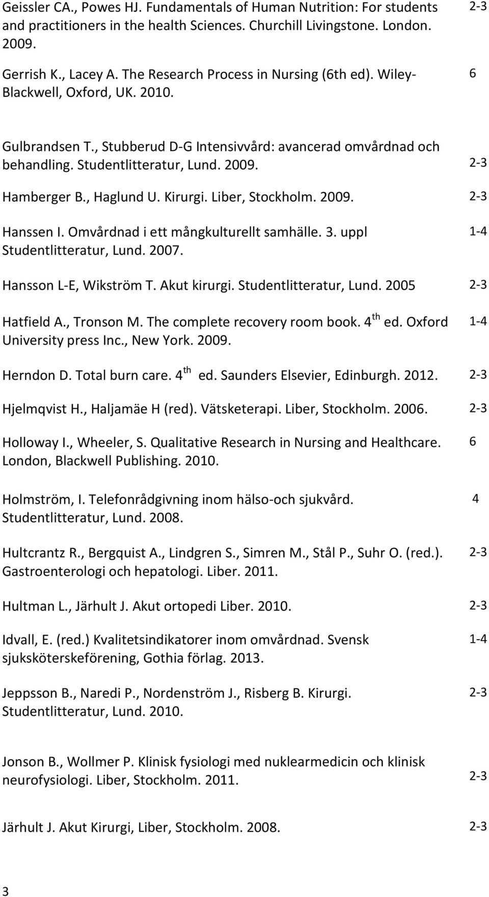 , Haglund U. Kirurgi. Liber, Stockholm. 2009. Hanssen I. Omvårdnad i ett mångkulturellt samhälle. 3. uppl Studentlitteratur, Lund. 2007. Hansson L-E, Wikström T. Akut kirurgi. Studentlitteratur, Lund. 2005 Hatfield A.