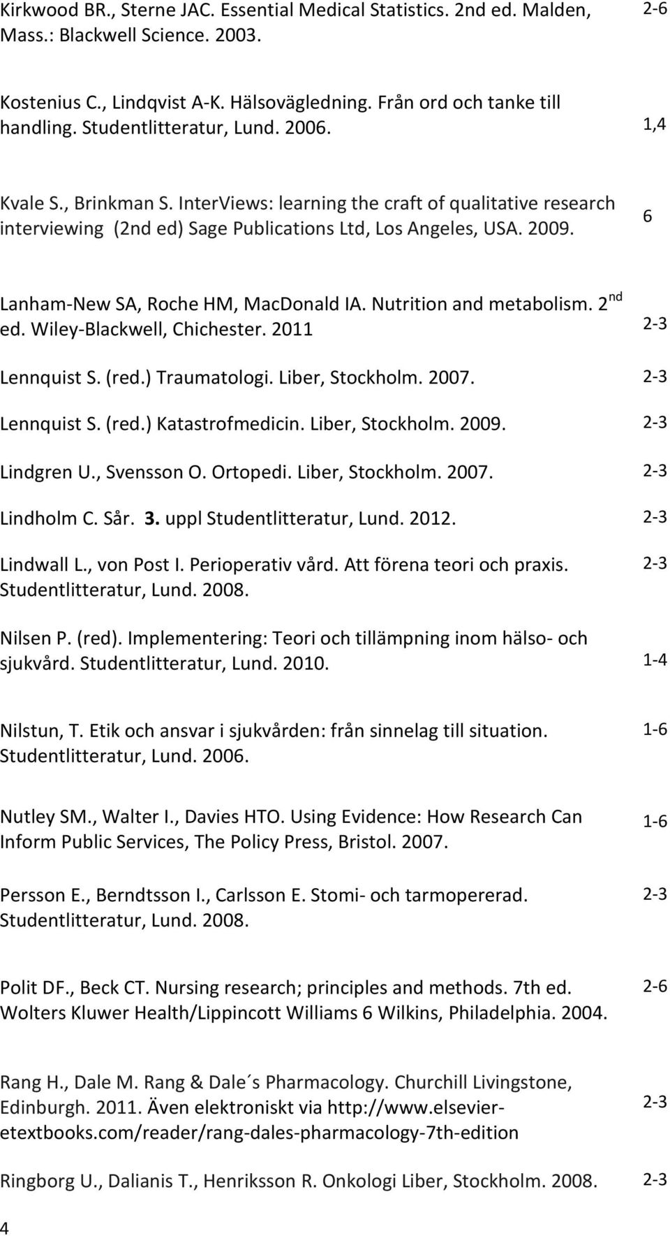 Lanham-New SA, Roche HM, MacDonald IA. Nutrition and metabolism. 2 nd ed. Wiley-Blackwell, Chichester. 2011 Lennquist S. (red.) Traumatologi. Liber, Stockholm. 2007. Lennquist S. (red.) Katastrofmedicin.