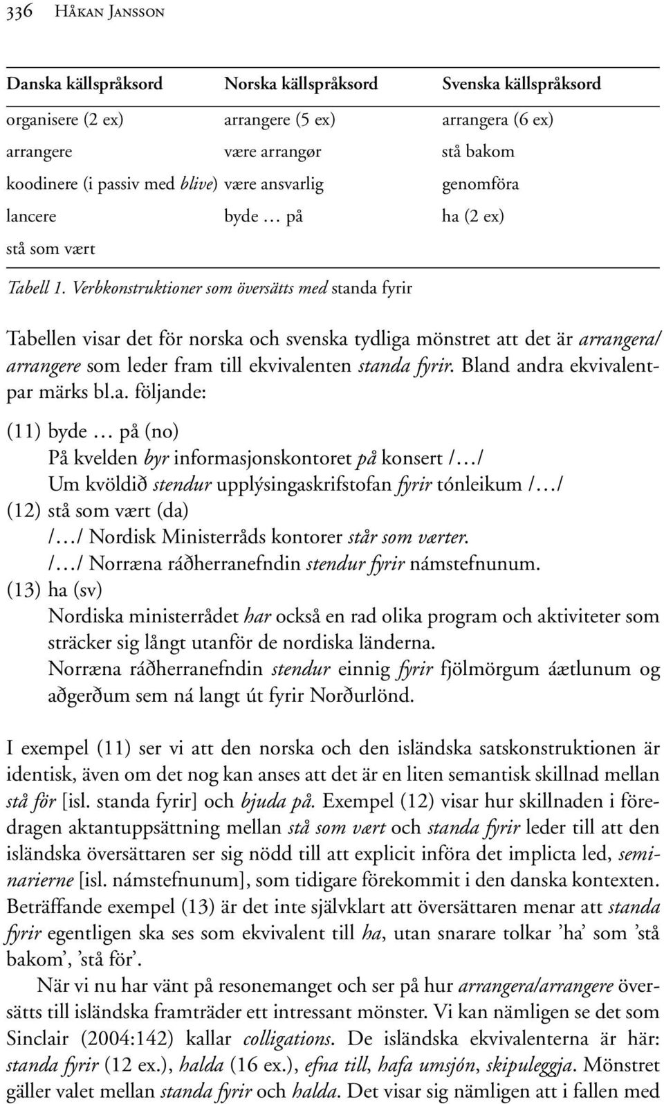 Verbkonstruktioner som översätts med standa fyrir Tabellen visar det för norska och svenska tydliga mönstret att det är arrangera/ arrangere som leder fram till ekvivalenten standa fyrir.