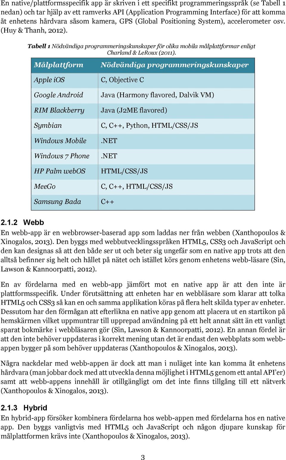 Tabell 1 Nödvändiga programmeringskunskaper för olika mobila målplattformar enligt Charland & LeRoux (2011).