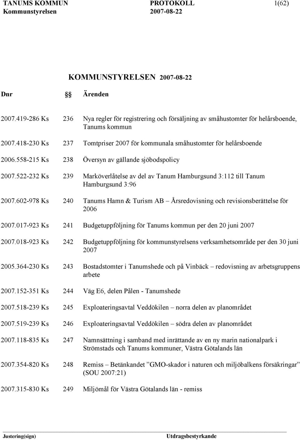 522-232 Ks 239 Marköverlåtelse av del av Tanum Hamburgsund 3:112 till Tanum Hamburgsund 3:96 2007.602-978 Ks 240 Tanums Hamn & Turism AB Årsredovisning och revisionsberättelse för 2006 2007.