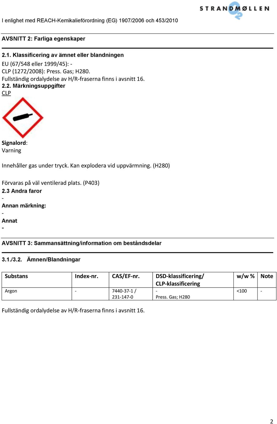 (H280) Förvaras på väl ventilerad plats. (P403) 2.3 Andra faror Annan märkning: Annat AVSNITT 3: Sammansättning/information om beståndsdelar 3.1./3.2. Ämnen/Blandningar Substans Indexnr.