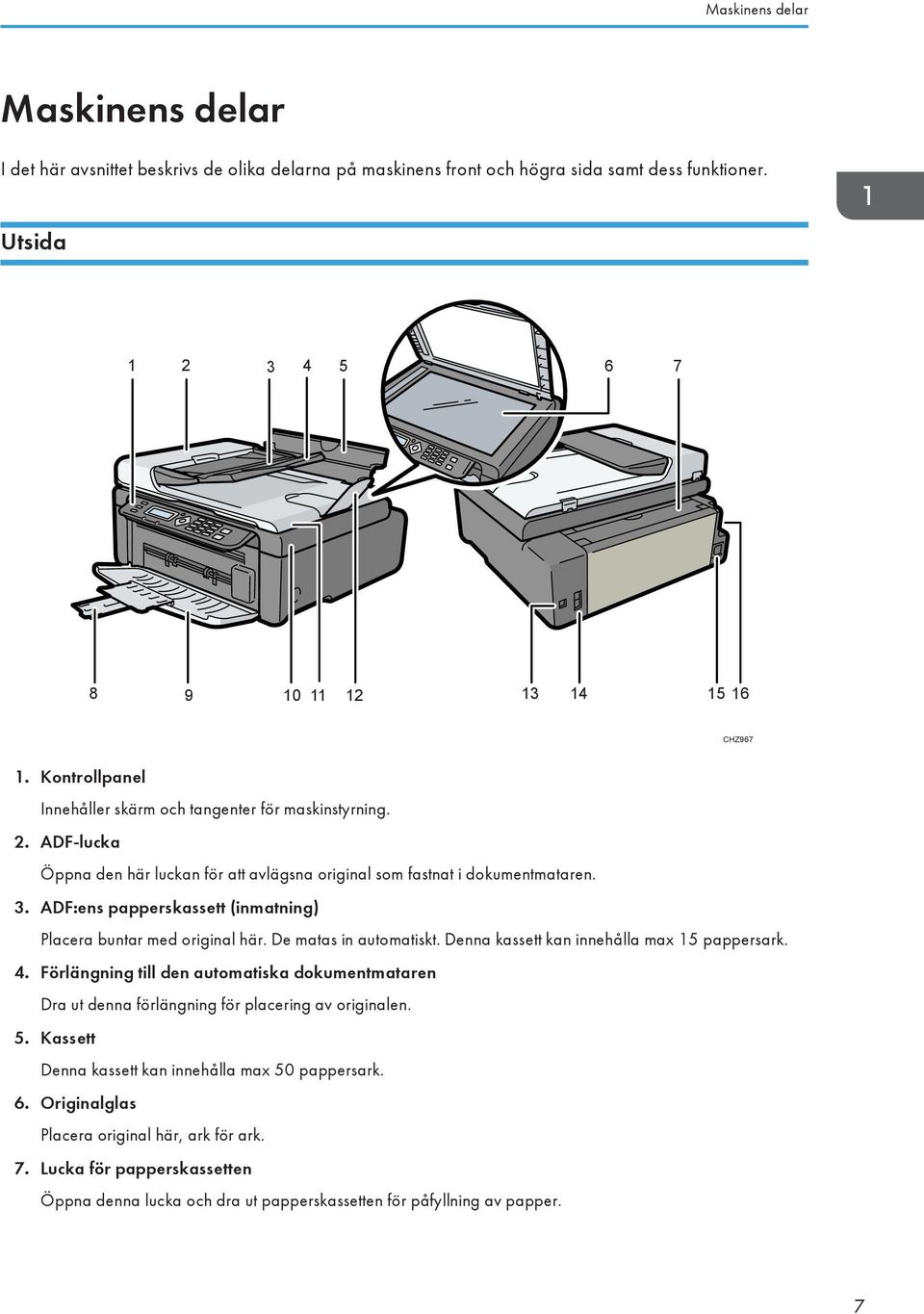 ADF:ens papperskassett (inmatning) Placera buntar med original här. De matas in automatiskt. Denna kassett kan innehålla max 15 pappersark. 4.