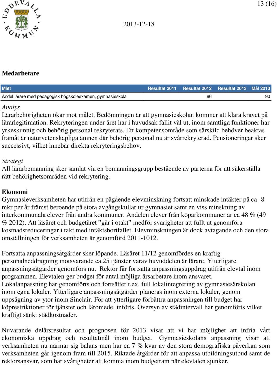 Rekryteringen under året har i huvudsak fallit väl ut, inom samtliga funktioner har yrkeskunnig och behörig personal rekryterats.