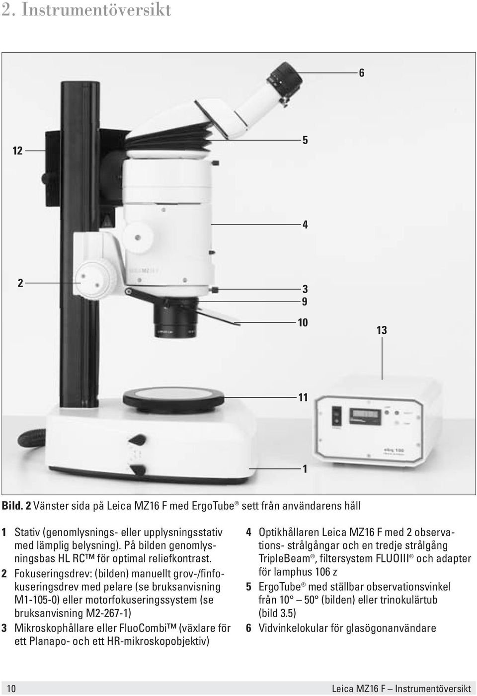 2 Fokuseringsdrev: (bilden) manuellt grov-/finfokuseringsdrev med pelare (se bruksanvisning M1-105-0) eller motorfokuseringssystem (se bruksanvisning M2-267-1) 3 Mikroskophållare eller FluoCombi
