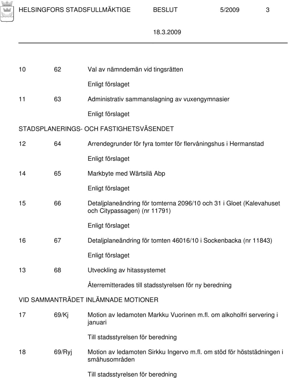 Detaljplaneändring för tomten 46016/10 i Sockenbacka (nr 11843) 13 68 Utveckling av hitassystemet Återremitterades till stadsstyrelsen för ny beredning VID SAMMANTRÄDET INLÄMNADE MOTIONER 17 69/Kj