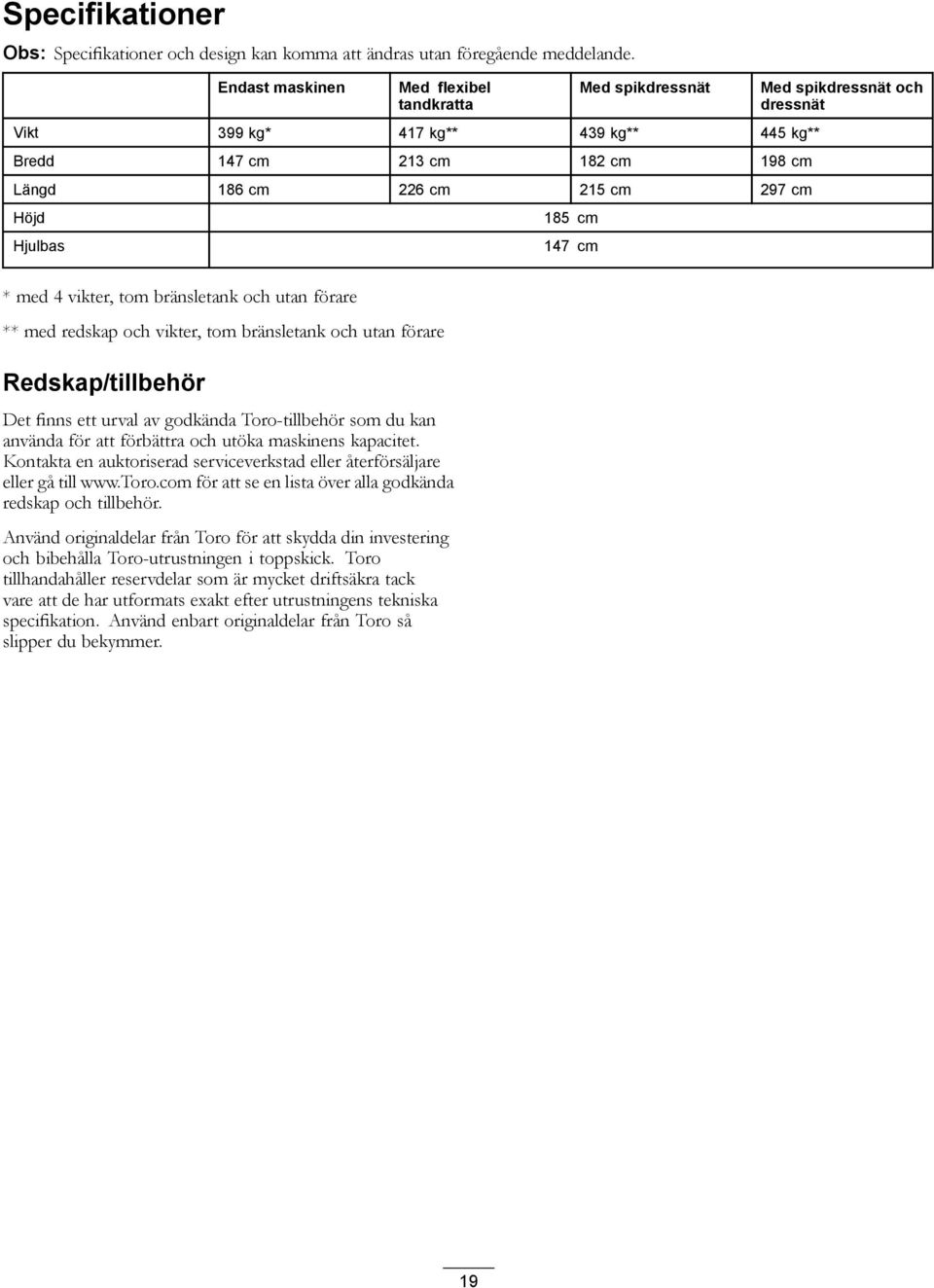 spikdressnät och dressnät * med 4 vikter, tom bränsletank och utan förare ** med redskap och vikter, tom bränsletank och utan förare Redskap/tillbehör Det finns ett urval av godkända Toro-tillbehör