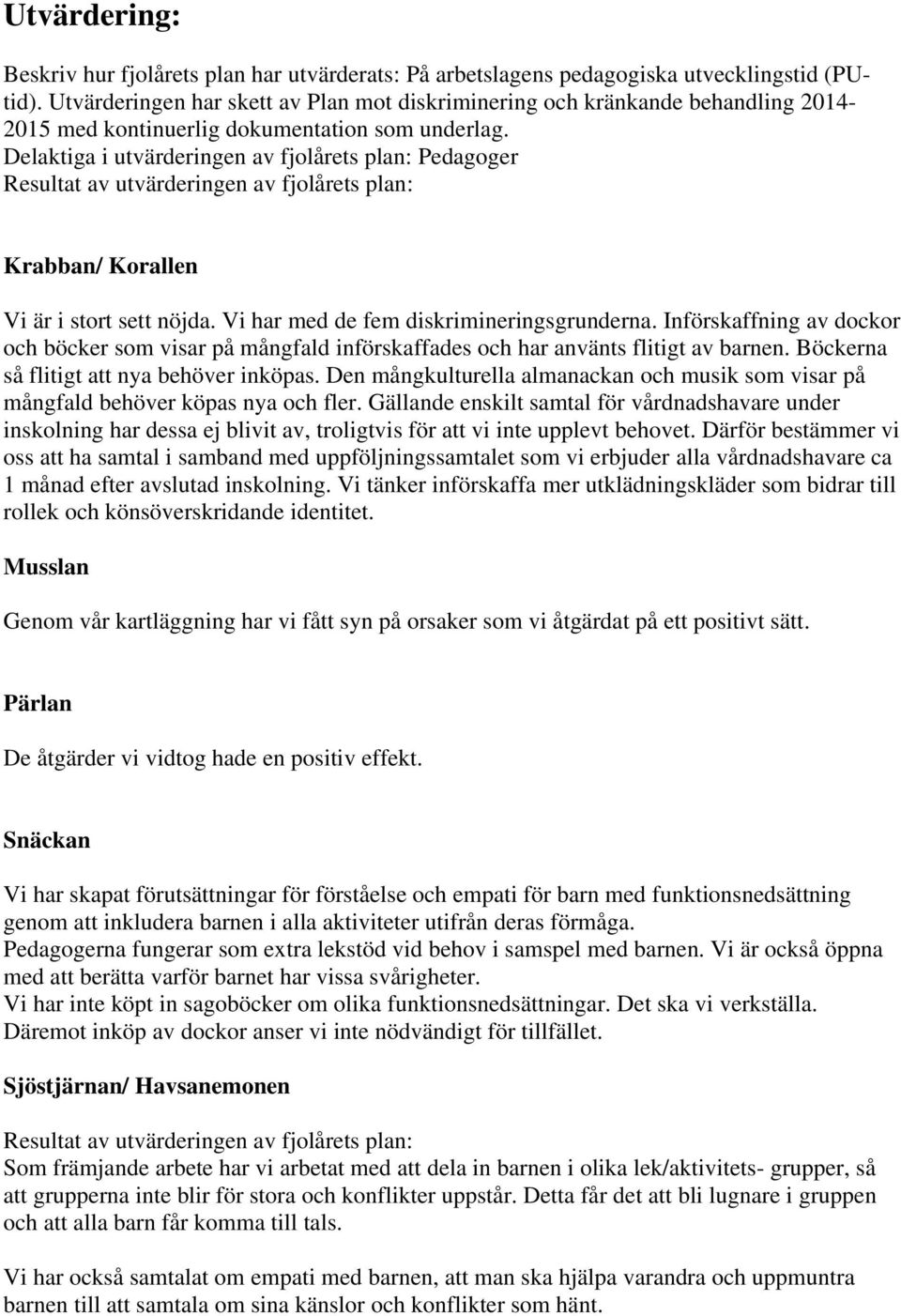 Delaktiga i utvärderingen av fjolårets plan: Pedagoger Resultat av utvärderingen av fjolårets plan: Krabban/ Korallen Vi är i stort sett nöjda. Vi har med de fem diskrimineringsgrunderna.