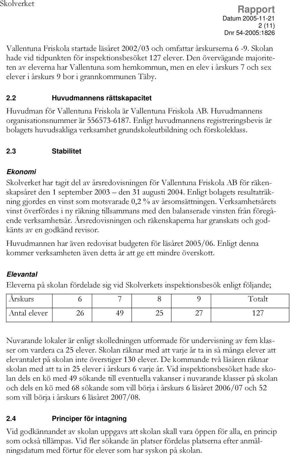 2 Huvudmannens rättskapacitet Huvudman för Vallentuna Friskola är Vallentuna Friskola AB. Huvudmannens organisationsnummer är 556573-6187.