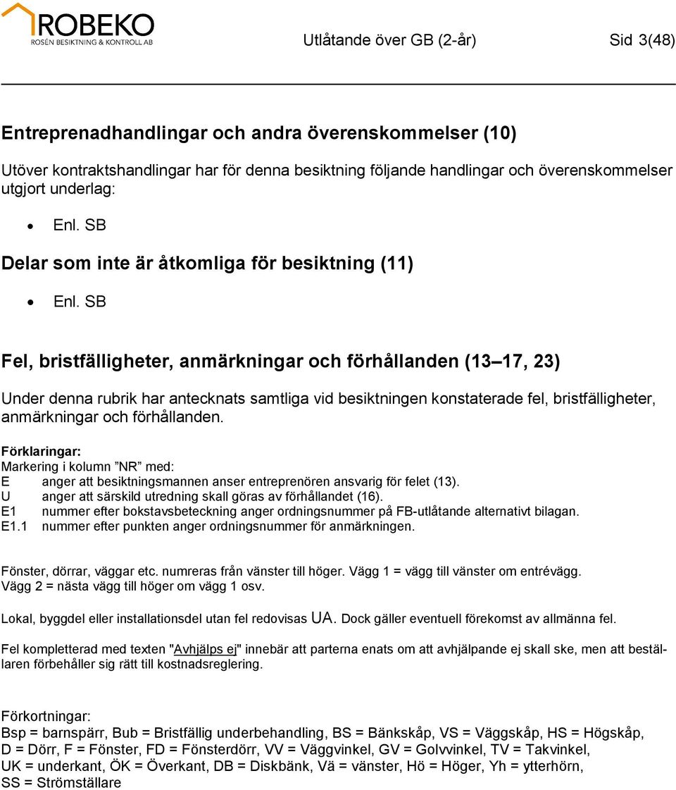 SB Fel, bristfälligheter, anmärkningar och förhållanden (13 17, 23) Under denna rubrik har antecknats samtliga vid besiktningen konstaterade fel, bristfälligheter, anmärkningar och förhållanden.