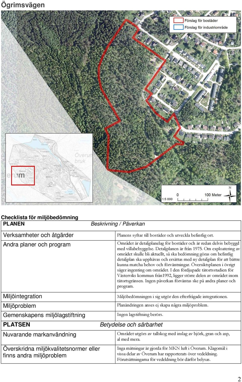 Området är detaljplanelag för bostäder och är redan delvis bebyggd med villabebyggelse. Detaljplanen är från 1975.