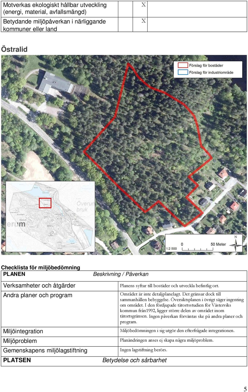 Området är inte detaljplanelagt. Det gränsar dock till sammanhållen bebyggelse. Översiktsplanen i övrigt säger ingenting om området.