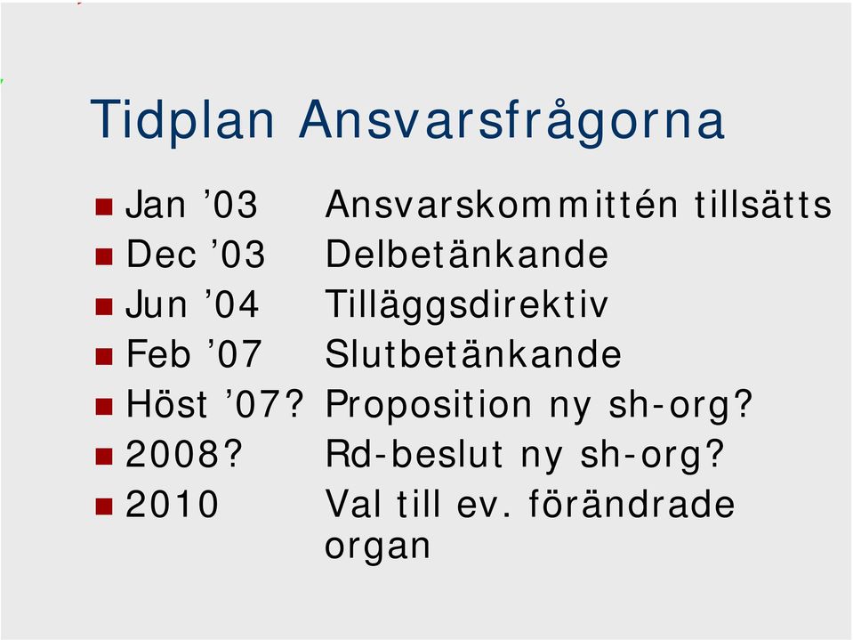 Feb 07 Slutbetänkande Höst 07? Proposition ny sh-org?
