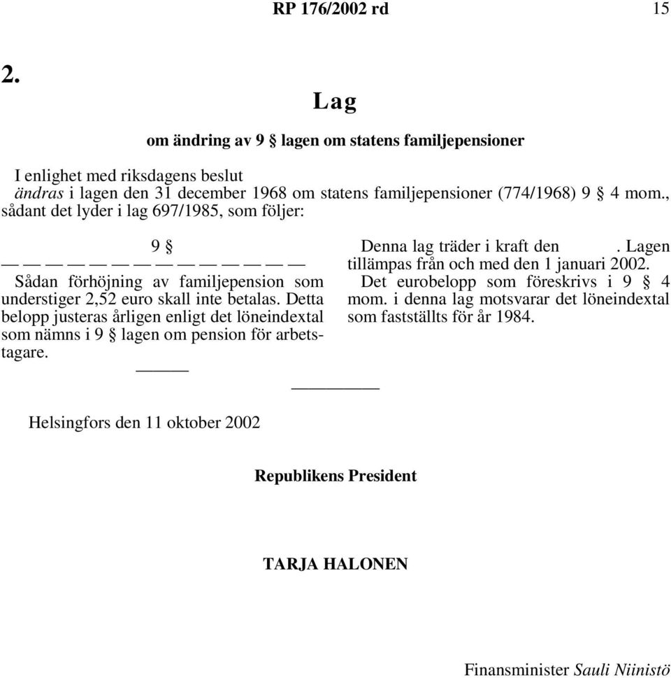 Detta belopp justeras årligen enligt det löneindextal som nämns i 9 lagen om pension för arbetstagare. Helsingfors den 11 oktober 2002 Denna lag träder i kraft den.