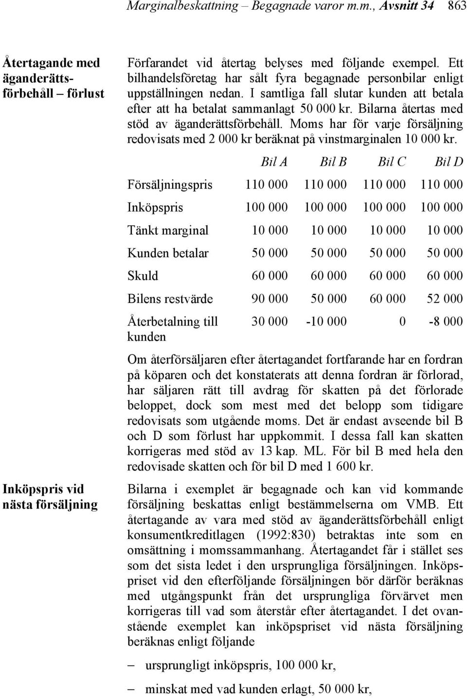 Bilarna återtas med stöd av äganderättsförbehåll. Moms har för varje försäljning redovisats med 2 000 kr beräknat på vinstmarginalen 10 000 kr.