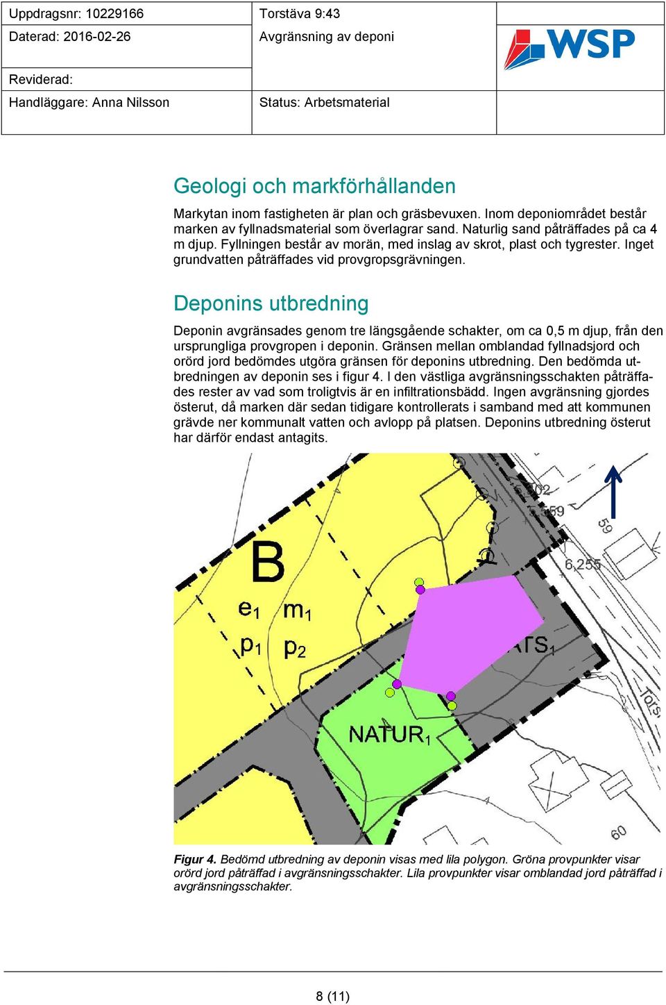 Deponins utbredning Deponin avgränsades genom tre längsgående schakter, om ca 0,5 m djup, från den ursprungliga provgropen i deponin.